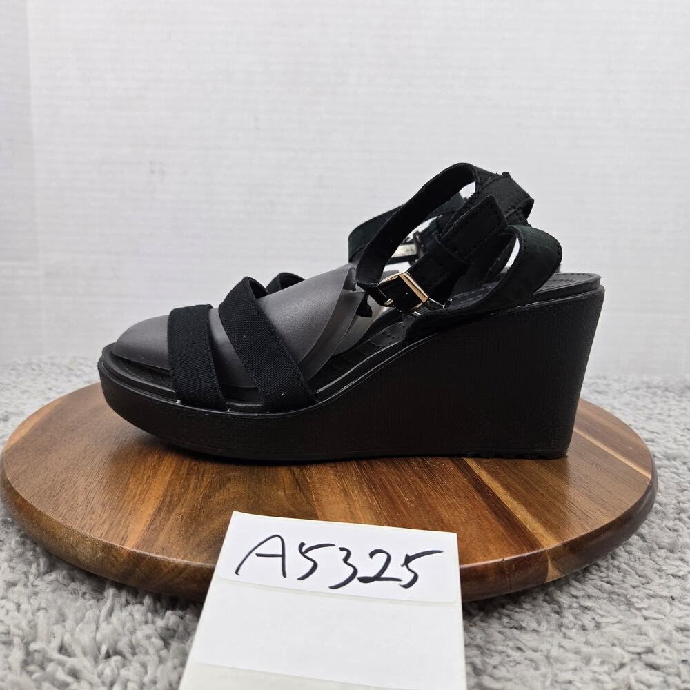 Crocs Womens 10 Leigh Black Canvas Leather Ankle Strap Casual Wedge Sandal 11382